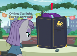 Size: 740x534 | Tagged: safe, edit, edited screencap, screencap, maud pie, starlight glimmer, pony, unicorn, the gift of the maud pie, caught, exclamation point, menu, starlight stalker