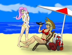 Size: 1024x778 | Tagged: safe, artist:cjvselinmortal, applejack, fluttershy, barefoot, beach, bikini, clothes, crossover, darksiders, feet, four horsemen of the apocalypse, god of war, humanized, kratos, ocean, ponified, swimsuit, war