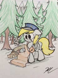 Size: 2126x2862 | Tagged: safe, artist:pelate, derpy hooves, pegasus, pony, confused, dexterous hooves, female, floppy ears, forest, hat, mail, mailbag, mailmare, map, mare, solo, traditional art