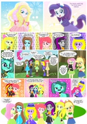 Size: 1600x2263 | Tagged: safe, artist:jucamovi1992, derpibooru import, applejack, fluttershy, pinkie pie, rainbow dash, rarity, sunset shimmer, oc, oc:aphrodite, oc:dorothy, oc:flying cherry, oc:golden heart, oc:holiday candy, oc:night moon, oc:radne, equestria girls, comic, context is for the weak