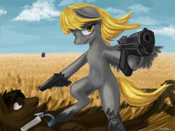 Size: 1024x768 | Tagged: safe, artist:chickhawk96, derpy hooves, doctor whooves, pegasus, pony, doctor who, dual wield, female, let's kill hitler, m1911, mare, river song, tardis