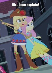 Size: 562x781 | Tagged: safe, edit, edited screencap, screencap, applejack, fluttershy, equestria girls, appleshy, bare shoulders, bondage, caption, female, implied shipping, lesbian, out of context, rope, shipping, sleeveless, strapless, text edit, tied up, uhh i can explain