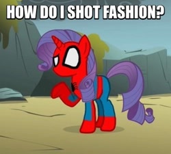 Size: 374x337 | Tagged: safe, rarity, pony, unicorn, image macro, meme, solo, spider-man, spiderponyrarity, that pony sure does love fashion