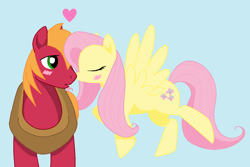 Size: 1142x762 | Tagged: safe, artist:pasketti, big macintosh, fluttershy, earth pony, pegasus, pony, fluttermac, heart, kissing, male, nose kiss, shipping, stallion, straight