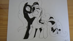 Size: 1280x719 | Tagged: safe, artist:cs, nightmare rarity, rarity, pony, unicorn, monochrome, traditional art