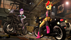 Size: 7680x4320 | Tagged: safe, artist:calveen, starlight glimmer, sunset shimmer, anthro, plantigrade anthro, unicorn, equestria girls, 3d, absurd resolution, badass, boots, bottle, box, cable, car, cardboard box, chromatic aberration, clothes, ear piercing, earring, fan, female, forklift, hand, jacket, jewelry, lamp, leather jacket, license plate, looking at something, looking away, motorcycle, piercing, pipe (plumbing), poster, rock, shoes, signature, sitting, skirt, skirt lift, smiling, source filmmaker, thighs, truck, upskirt denied, warehouse, watch