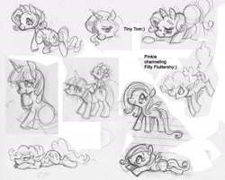 Size: 1523x1219 | Tagged: safe, artist:friedavanraevels, derpibooru import, fluttershy, pinkie pie, rarity, spike, twilight sparkle, dragon, earth pony, pegasus, pony, unicorn, sketch dump, traditional art