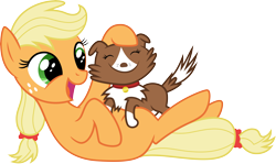 Size: 10065x6000 | Tagged: safe, artist:mactavish1996, applejack, winona, earth pony, pony, absurd resolution, filly, happy, puppy, simple background, transparent background, vector