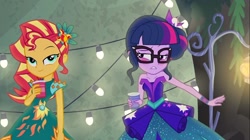 Size: 1100x618 | Tagged: safe, screencap, sci-twi, sunset shimmer, twilight sparkle, equestria girls, legend of everfree, bare shoulders, blushing, clothes, crystal gala, decoration, dress, female, sleeveless, strapless