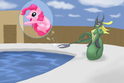 Size: 1040x693 | Tagged: safe, artist:stillwaterspony, pinkie pie, merpony, pony, league of legends, nami (league of legends), ponified, swimming pool