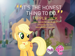 Size: 850x628 | Tagged: safe, applejack, earth pony, pony, best pony contest, hub logo, hub network, hubble, logo, solo, text