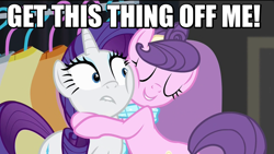 Size: 832x468 | Tagged: safe, screencap, rarity, suri polomare, pony, unicorn, rarity takes manehattan, hug, image macro, meme