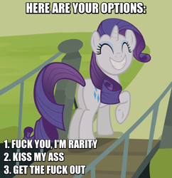 Size: 829x857 | Tagged: safe, edit, edited screencap, screencap, rarity, pony, unicorn, butt, caption, female, gtfo, image macro, mare, meme, plot, raised hoof, reaction image, smiling, solo, underhoof, vulgar