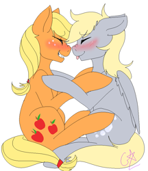 Size: 723x838 | Tagged: safe, artist:xxaurelia, applejack, derpy hooves, earth pony, pegasus, pony, blushing, boop, cute, derpabetes, derpyjack, female, lesbian, mare, noseboop, shipping