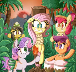 Size: 1200x1128 | Tagged: safe, artist:daniel-sg, apple bloom, daring do, fluttershy, scootaloo, sweetie belle, pegasus, pony, barbarian, bondage, bongos, burning at the stake, clothes, cutie mark crusaders, drums, execution, flutterbuse, grass skirt, jungle, leaf skirt, lord of the flies, miniskirt, musical instrument, peril, sacrifice, skirt, spear, stake, torch, unsexy bondage, weapon