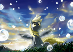 Size: 3035x2149 | Tagged: safe, artist:caibaoreturn, derpy hooves, pegasus, pony, bubble, cloud, cloudy, female, grass, mare, pixiv, solo, spread wings, wings