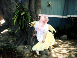 Size: 1024x768 | Tagged: safe, artist:diaryofadoll, fluttershy, human, cosplay, feet, floral head wreath, irl, irl human, photo, solo