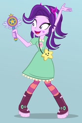 Size: 668x1000 | Tagged: safe, artist:pixelkitties, starlight glimmer, equestria girls, clothes, colored background, cosplay, costume, cute, female, glimmerbetes, parody, pun, simple background, smiling, solo, star butterfly, star vs the forces of evil, this will end well, this will not end well, visual pun, wand