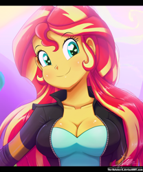 Size: 850x1022 | Tagged: safe, artist:the-butch-x, sunset shimmer, equestria girls, beautiful, big breasts, breasts, cleavage, clothes, cute, female, heart eyes, jacket, leather jacket, redraw, shimmerbetes, signature, smiling, solo, sunset jiggler, wingding eyes