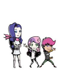 Size: 500x574 | Tagged: safe, artist:redhotkick, rarity, scootaloo, sweetie belle, human, humanized, pose, style emulation, viewtiful joe