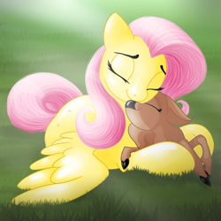 Size: 2000x2000 | Tagged: safe, artist:kelisah, fluttershy, oc, deer, pegasus, pony, fawn