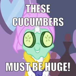 Size: 640x640 | Tagged: safe, screencap, rarity, pony, unicorn, green isn't your color, cucumber, grin, image macro, meme, mud mask, smiling, solo