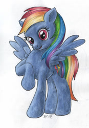 Size: 700x1007 | Tagged: safe, artist:andpie, derpibooru import, rainbow dash, pegasus, pony, female, looking at you, mare, open mouth, raised hoof, signature, simple background, solo, traditional art, white background