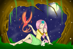 Size: 2164x1472 | Tagged: safe, artist:silver1kunai, angel bunny, fluttershy, human, phoenix, rabbit, anklet, barefoot, breasts, cleavage, eyes closed, feet, female, hootershy, humanized, light skin, moon, night, sitting, smiling