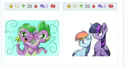 Size: 480x259 | Tagged: safe, artist:emositecc, artist:xp_r6, derpibooru import, barb, rainbow dash, spike, twilight sparkle, twilight sparkle (alicorn), alicorn, dragon, pegasus, pony, barbabetes, blushing, cute, derpibooru, dragoness, female, hug, juxtaposition, looking at you, looking back, male, mare, meta, one eye closed, rule 63, rule63betes, self dragondox, simple background, sitting, spikebarb, surprised, white background, wide eyes