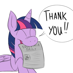 Size: 700x700 | Tagged: safe, artist:karpet-shark, derpibooru import, twilight sparkle, twilight sparkle (alicorn), alicorn, pony, dialogue, equestria daily, female, happy, mare, mouth hold, newspaper, solo, speech bubble, thank you, twily-daily