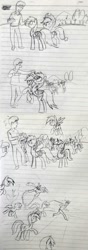 Size: 986x2809 | Tagged: safe, artist:hyolark, applejack, carrot top, derpy hooves, doctor whooves, golden harvest, lyra heartstrings, minuette, rainbow dash, human, chase, doodle, feeding, horses doing horse things, lined paper, monochrome, note, rearing, sweatdrop, traditional art