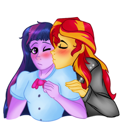 Size: 600x600 | Tagged: safe, artist:anxiousshadowpetals, sunset shimmer, twilight sparkle, equestria girls, blushing, female, kiss on the cheek, kissing, lesbian, one eye closed, shipping, simple background, sunsetsparkle, transparent background