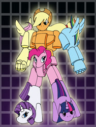 Size: 641x850 | Tagged: safe, artist:combatkaiser, derpibooru import, applejack, fluttershy, pinkie pie, rainbow dash, rarity, twilight sparkle, earth pony, pegasus, pony, robot, unicorn, combination, combiner, crossover, gestalt, mane six, monstructor, transformers