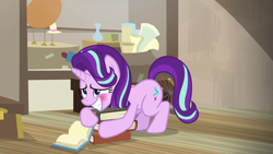 Size: 1280x720 | Tagged: safe, screencap, starlight glimmer, pony, unicorn, uncommon bond, blushing, book, embarrassed, female, mare, solo, sweat