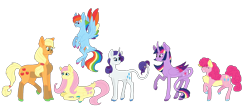 Size: 5830x2536 | Tagged: safe, artist:vampirwitch, derpibooru import, applejack, fluttershy, pinkie pie, rainbow dash, rarity, twilight sparkle, twilight sparkle (alicorn), alicorn, classical unicorn, earth pony, pegasus, pony, unicorn, cloven hooves, colored wings, colored wingtips, curved horn, leonine tail, mane six, redesign, simple background, transparent background, unshorn fetlocks