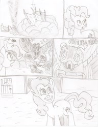 Size: 1700x2210 | Tagged: safe, artist:johng117, pinkie pie, earth pony, kaiju, pony, comic, crossover, female, godzilla (series), grayscale, mare, megaguirus, monochrome, mothra, pencil drawing, rise of the kaiju, traditional art