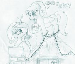 Size: 1000x848 | Tagged: safe, artist:foxxy-arts, derpy hooves, princess celestia, alicorn, pegasus, pony, confused, female, hat, mare, monochrome, santa hat, traditional art