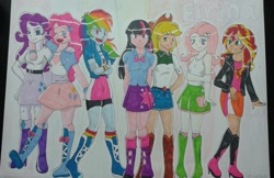 Size: 1600x1038 | Tagged: safe, artist:elrina-drawings, derpibooru import, applejack, fluttershy, pinkie pie, rainbow dash, rarity, sunset shimmer, twilight sparkle, equestria girls, humane five, humane seven, humane six, traditional art