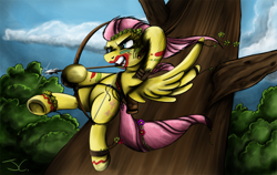 Size: 1200x758 | Tagged: safe, artist:jamescorck, fluttershy, pegasus, pony, action pose, amazon, arrow, badass, bodypaint, bow (weapon), bow and arrow, flutterbadass, paint on fur, solo, tree, weapon