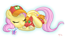 Size: 1024x578 | Tagged: safe, artist:heavenlyfluff, big macintosh, fluttershy, earth pony, pegasus, pony, baseball cap, fangirl, fluttermac, hat, male, shipping, sleeping, stallion, straight