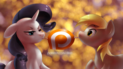 Size: 1024x576 | Tagged: safe, artist:deerhooves, derpy hooves, rarity, pegasus, pony, unicorn, female, licking, mare, patreon