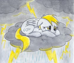 Size: 1005x866 | Tagged: safe, artist:islamilenaria, derpy hooves, pegasus, pony, cloud, cloudy, female, floppy ears, lightning, mare, prone, sad, solo, traditional art