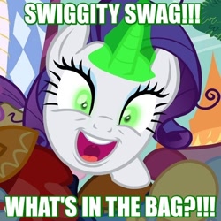 Size: 550x550 | Tagged: safe, edit, edited screencap, screencap, rarity, pony, unicorn, inspiration manifestation, corrupted, ed edd n eddy, faic, green eyes, hub logo, image macro, inspirarity, meme, over your ed, possessed, solo, swiggity swag, the hub