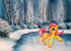 Size: 1600x1143 | Tagged: safe, artist:horseez, fluttershy, pegasus, pony, ice, ice skates, ice skating, snow, solo, winter