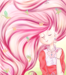 Size: 1424x1624 | Tagged: safe, artist:cosmicponye, fluttershy, butterfly, human, humanized, light skin, solo