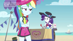 Size: 2208x1242 | Tagged: safe, derpibooru import, screencap, rainbow dash, rarity, crab, better together, equestria girls, too hot to handle, beach, belly button, clothes, geode of shielding, geode of super speed, hat, magical geodes, midriff, swimsuit