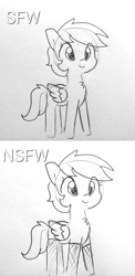 Size: 1268x2602 | Tagged: safe, artist:tjpones, derpibooru import, rainbow dash, pegasus, pony, chest fluff, female, fishnet stockings, grayscale, lewd, lineart, mare, monochrome, sketch, smiling, solo, traditional art, we don't normally wear clothes