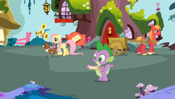 Size: 960x540 | Tagged: safe, screencap, big macintosh, fluttershy, spike, winona, dragon, earth pony, pegasus, pony, spike at your service, female, male, mare, stallion