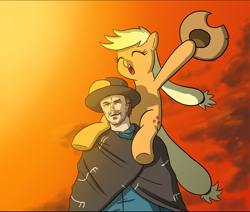 Size: 1024x868 | Tagged: safe, artist:doublewbrothers, applejack, earth pony, human, pony, clint eastwood, cropped, cute, jackabetes, piggyback ride, ponies riding humans, riding, the man with no name