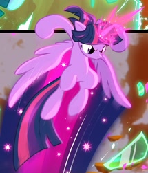 Size: 1026x1192 | Tagged: safe, artist:light262, artist:lummh, twilight sparkle, twilight sparkle (alicorn), alicorn, pony, comic:timey wimey, badass, comic, cropped, escape, female, glowing horn, magic, mare, solo, speed trail, wings